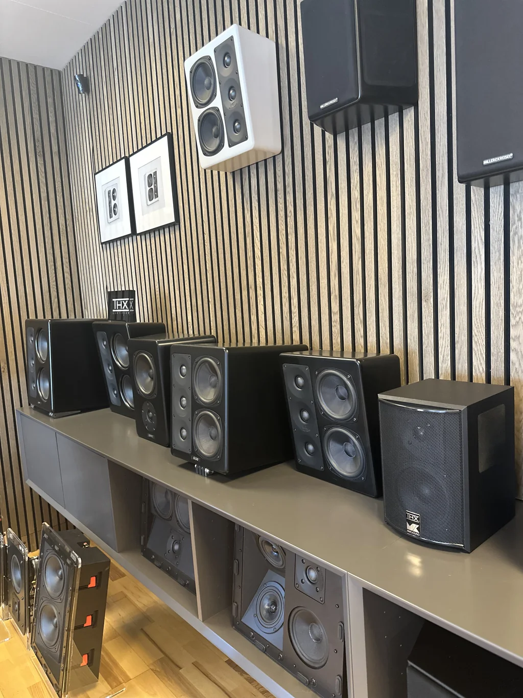 M&K Sound monitors on the demonstration wall at the Copenhagen headquarters